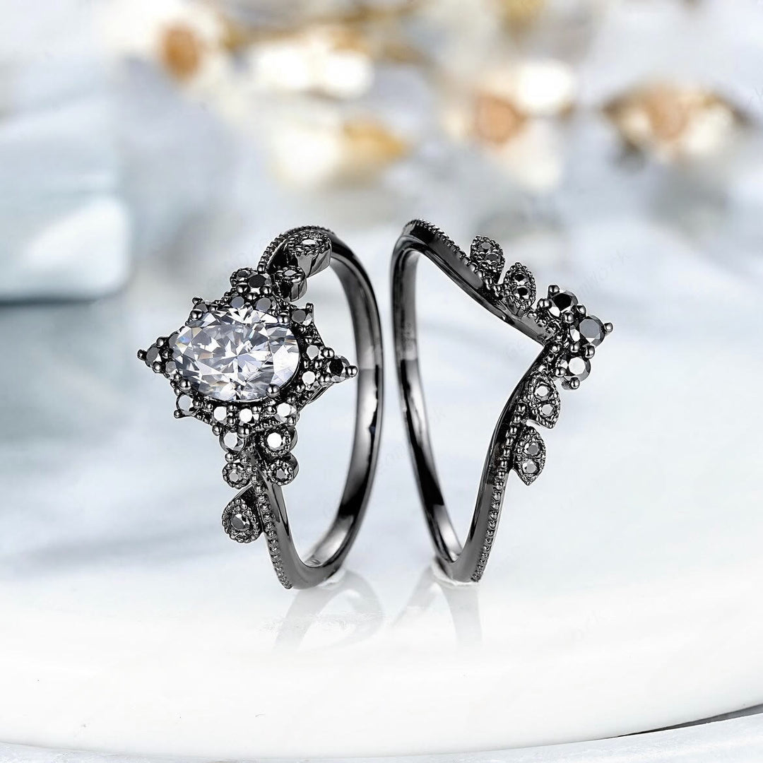 FREE Today: 2 Pcs Black Oval Gray Moissanite Engagement Ring Set - image 10