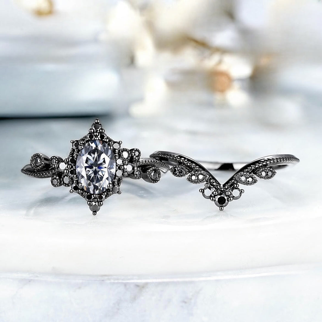 FREE Today: 2 Pcs Black Oval Gray Moissanite Engagement Ring Set - image 7