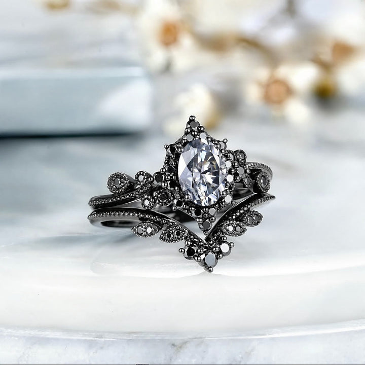 FREE Today: 2 Pcs Black Oval Gray Moissanite Engagement Ring Set - image 8