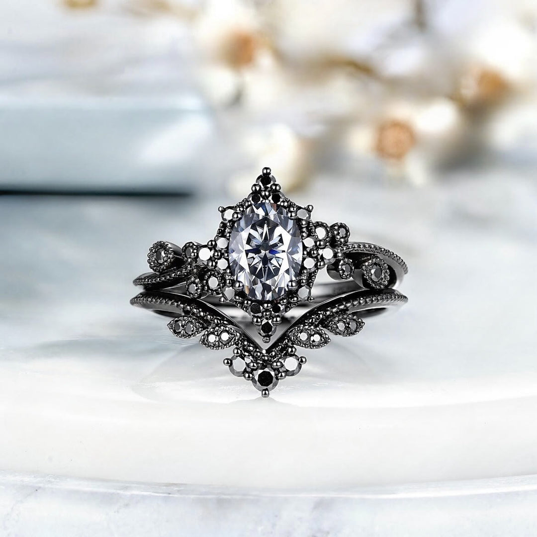 FREE Today: 2 Pcs Black Oval Gray Moissanite Engagement Ring Set - image 9