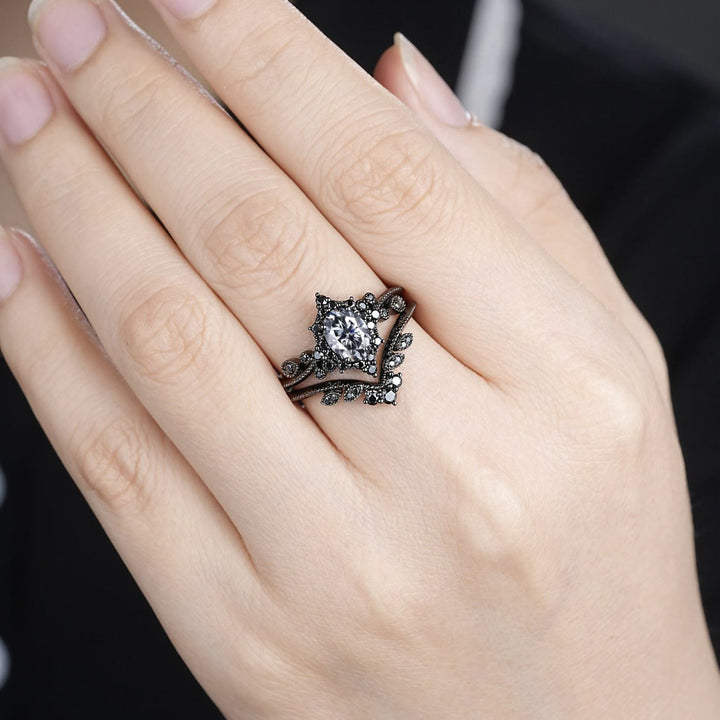 FREE Today: 2 Pcs Black Oval Gray Moissanite Engagement Ring Set - image 5