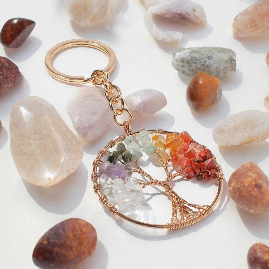 Olivenorma 7 Chakra Gemstone Tree of Life Round Keychain - Gold - image 0