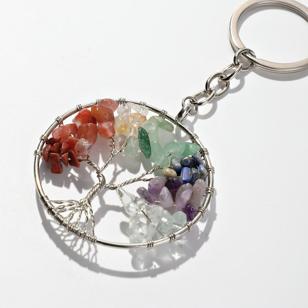 Olivenorma 7 Chakra Gemstone Tree of Life Round Keychain