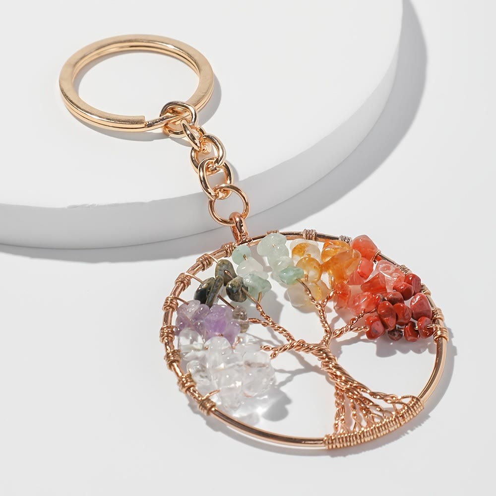 Olivenorma 7 Chakra Gemstone Tree of Life Round Keychain