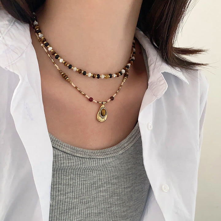 Olivenorma Vintage Natural Tiger Eye Stone Beaded Necklace