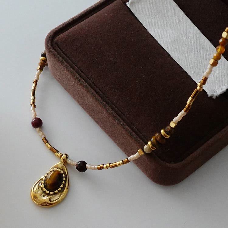 Olivenorma Vintage Natural Tiger Eye Stone Beaded Necklace