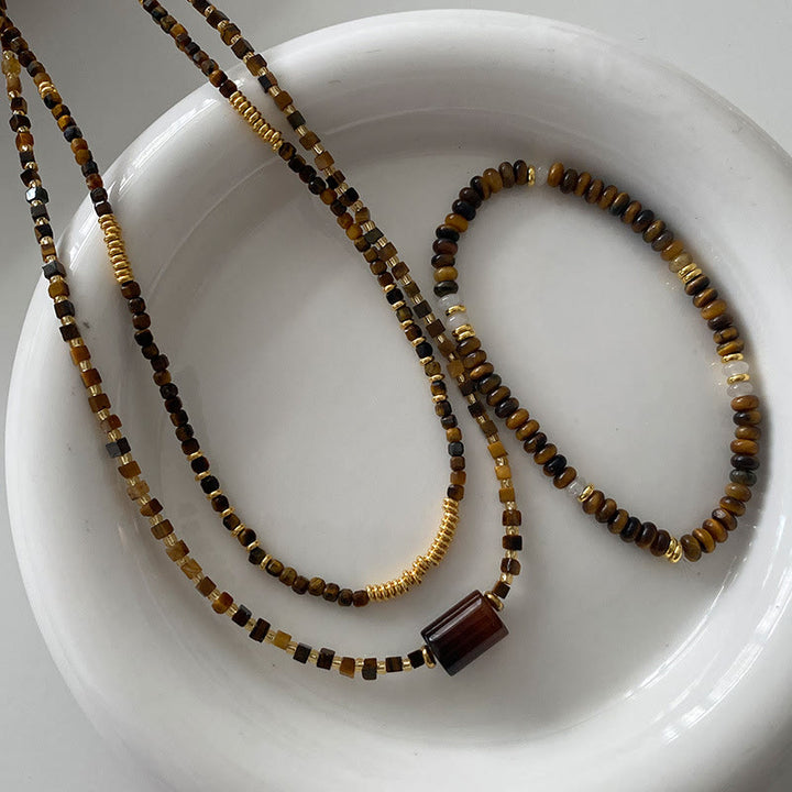 Olivenorma Tiger Eye Stone Beaded Bracelet Necklace Jewelry Set