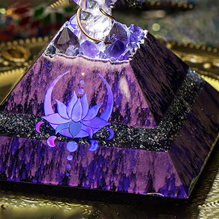 Olivenorma 14cm Lotus Amethyst Energy Spire Orgone Pyramid