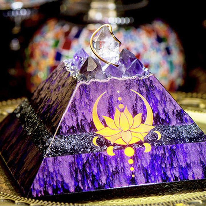 Olivenorma 14cm Lotus Amethyst Energy Spire Orgone Pyramid