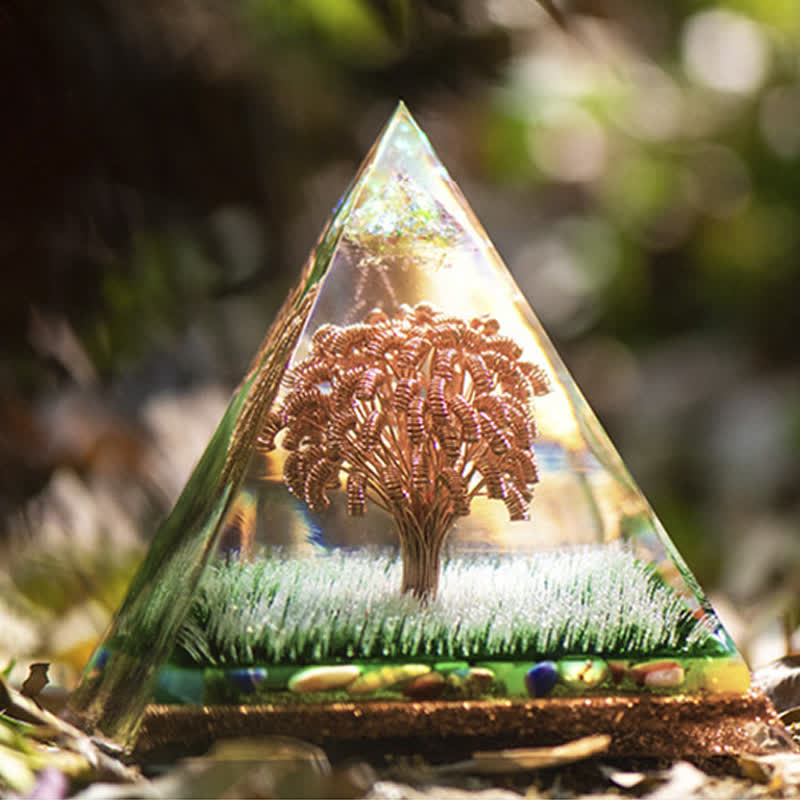 Olivenorma Ogham Copper Coil Tree Color Agate Orgone Pyramid