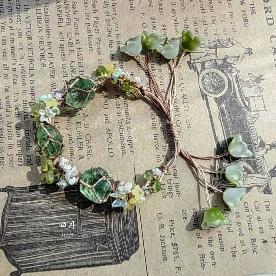 Olivenorma Green Fluorite Peridot Crystal Braided Flower Bracelet