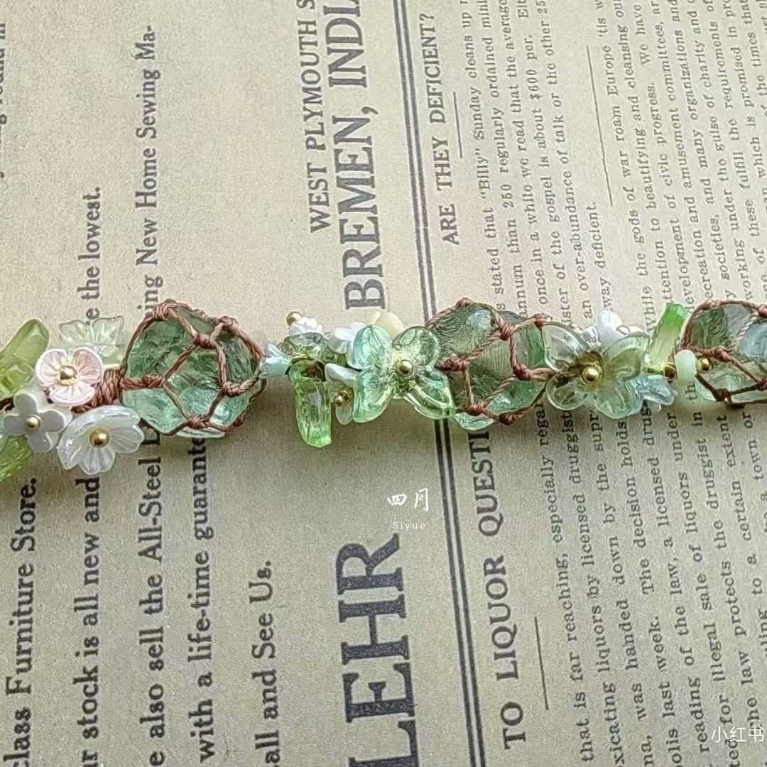 Olivenorma Green Fluorite Peridot Crystal Braided Flower Bracelet