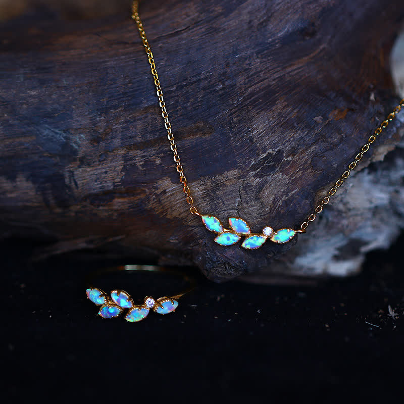 Olivenorma Blue Opal Leaf Pendant Ring Necklace