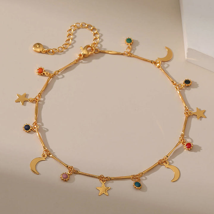 Olivenorma 18K Gold Plated Moon And Star Gem Anklet