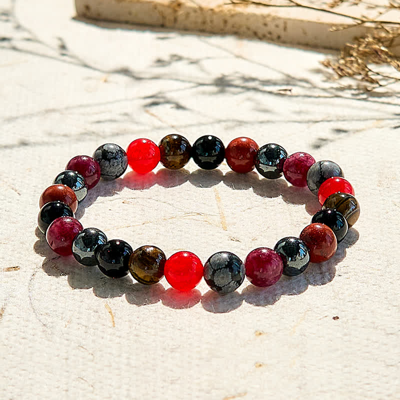 Olivenorma Snowflake Obsidian Hematite Ruby Quartz Beaded Bracelet