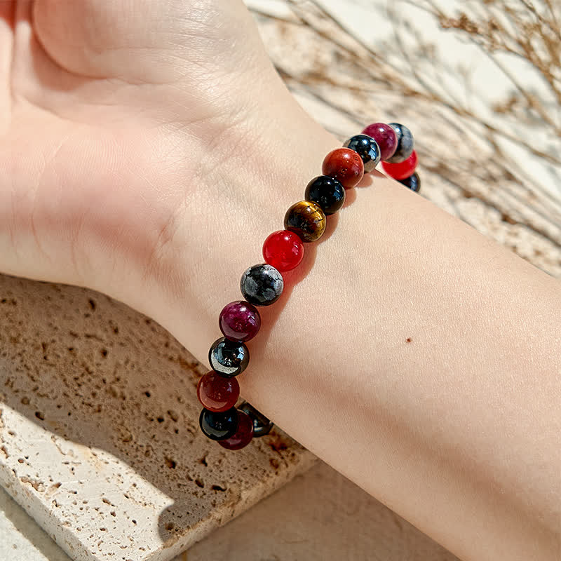 Olivenorma Snowflake Obsidian Hematite Ruby Quartz Beaded Bracelet