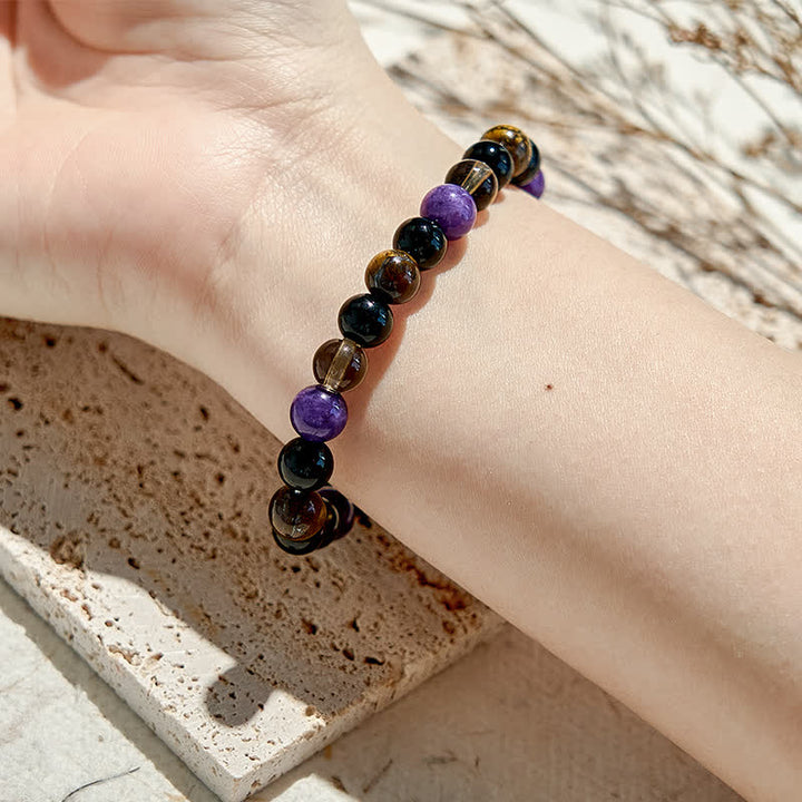 Olivenorma Obsidian Tiger Eye Charoite Beaded Bracelet