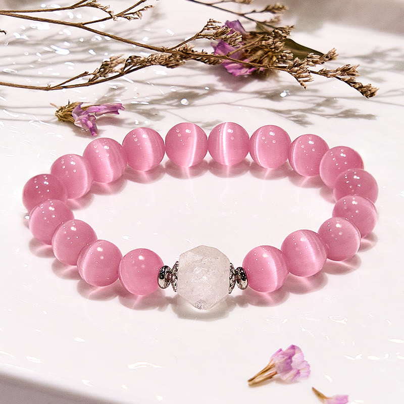 Olivenorma Glitter Pink Cat's Eye Stone Beaded Bracelet