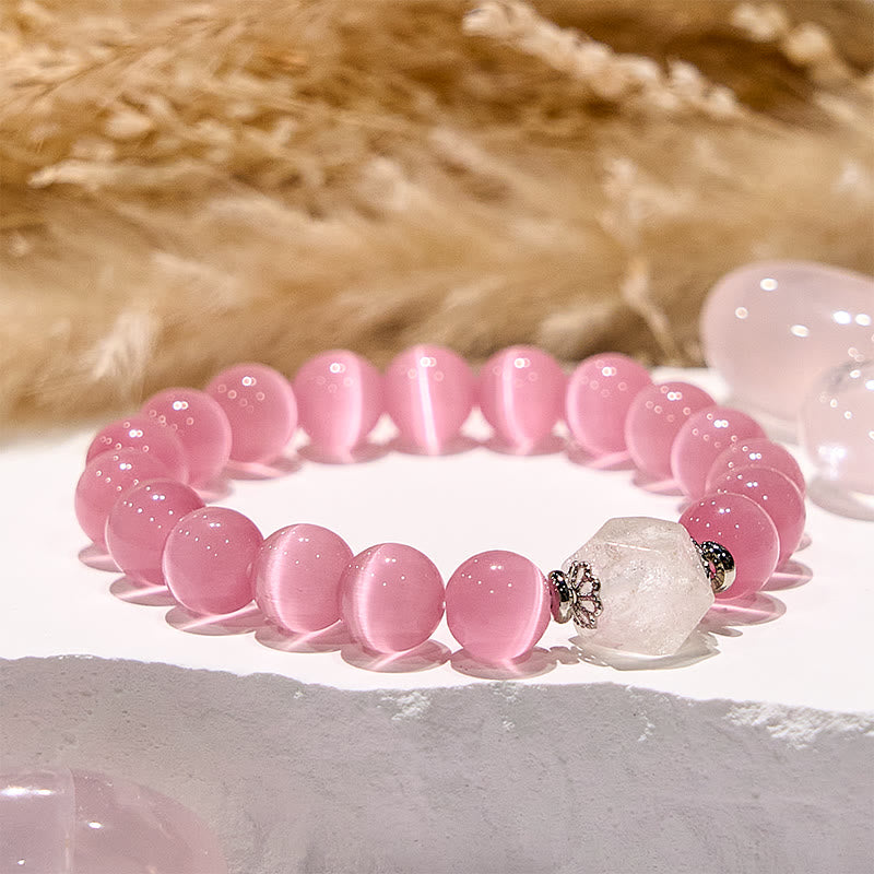 Olivenorma Glitter Pink Cat's Eye Stone Beaded Bracelet