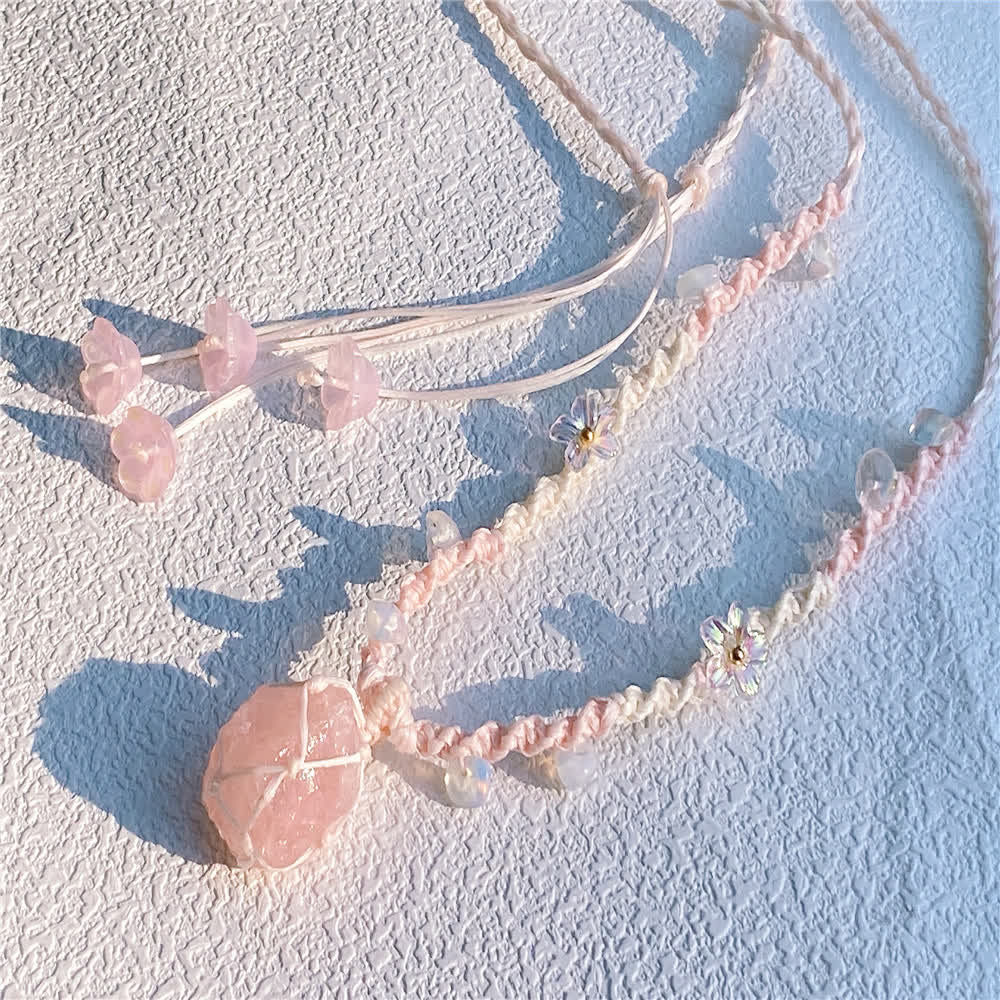 Olivenorma Rose Quartz Opalite Crystal Braided Necklace