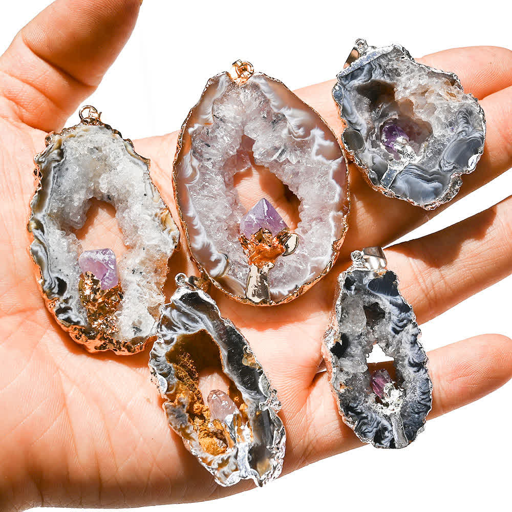 Olivenorma Amethyst White Agate Crystal Cave Pendant Necklace