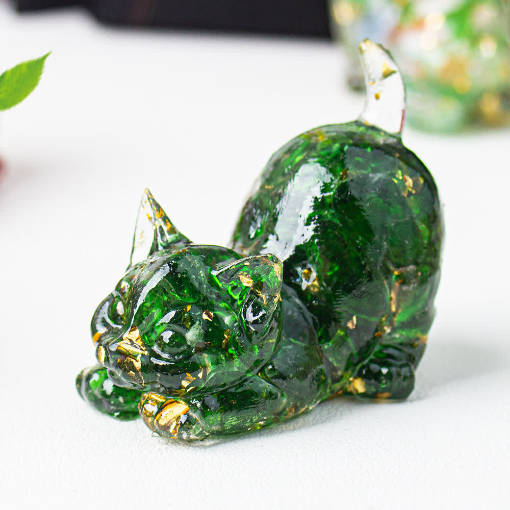 Olivenorma Playful Blessing Crystal Cat Figurine Gemstone Decoration - Green Glaze - With Card - image 73