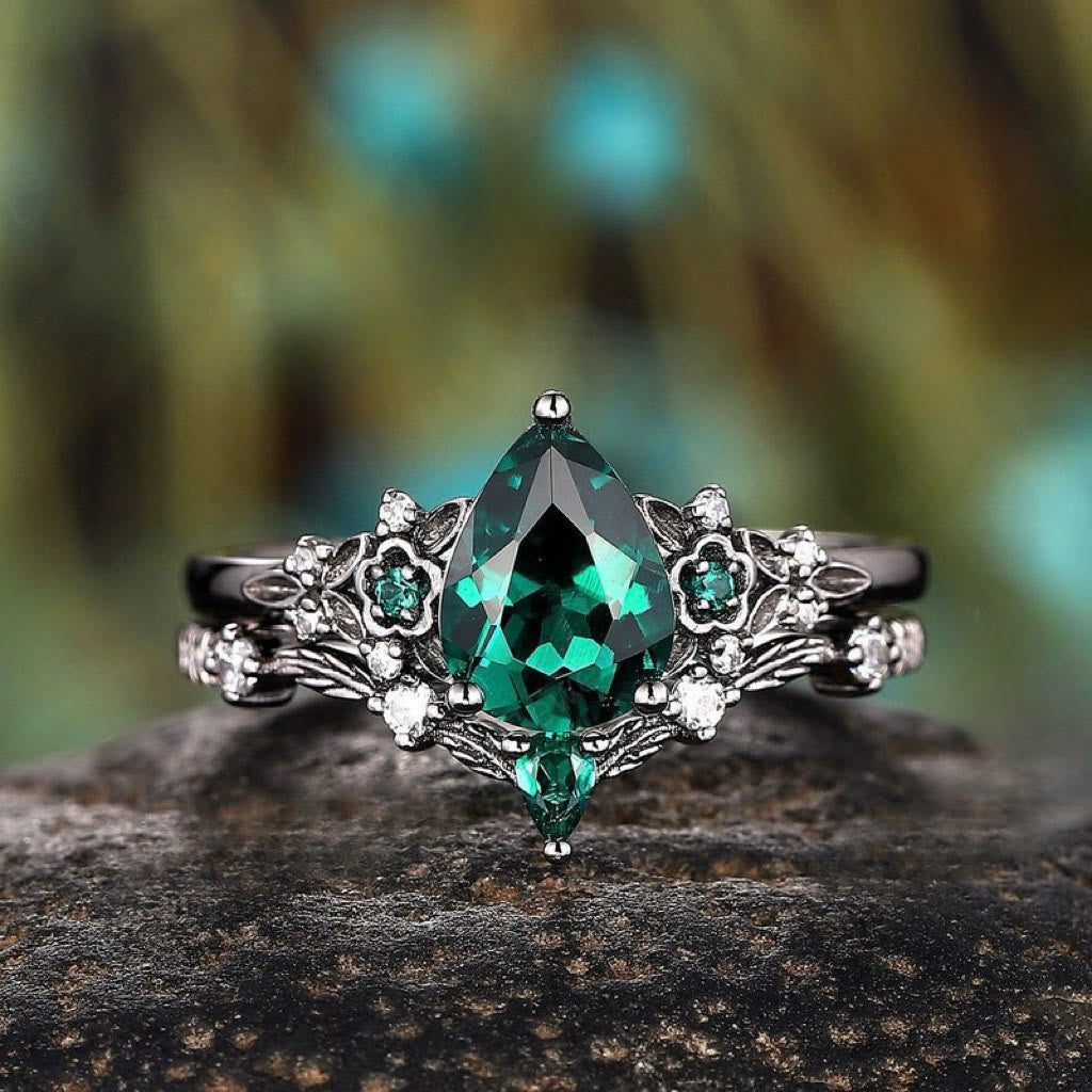 FREE Today: 2 Pcs Floral Alexandrite Black Engagement Ring Set - US 10 - Emerald - image 9