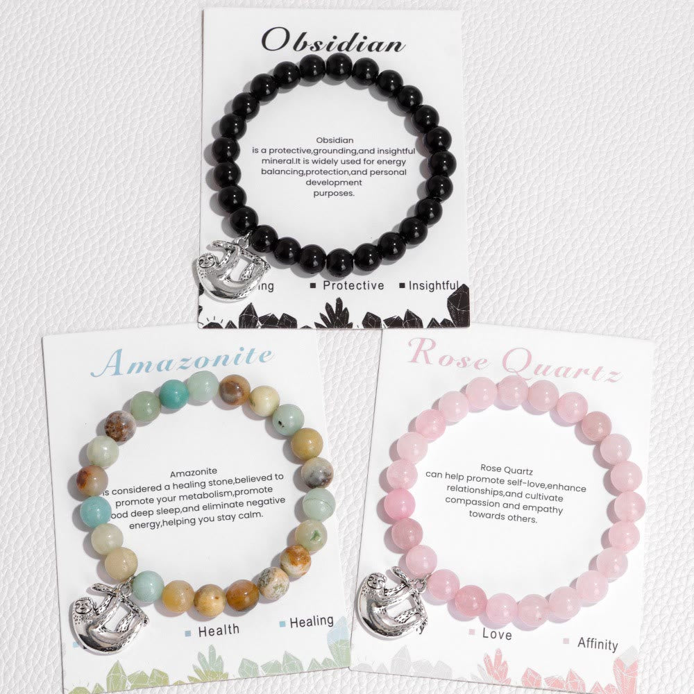 Olivenorma Sloth Charm Round Gemstone Energy Beaded Bracelet