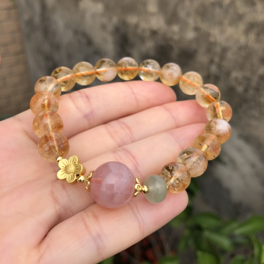 Olivenorma Natural Citrine Rose Quartz Flower Charm Beaded Bracelet