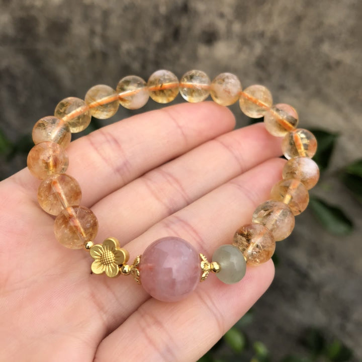 Olivenorma Natural Citrine Rose Quartz Flower Charm Beaded Bracelet