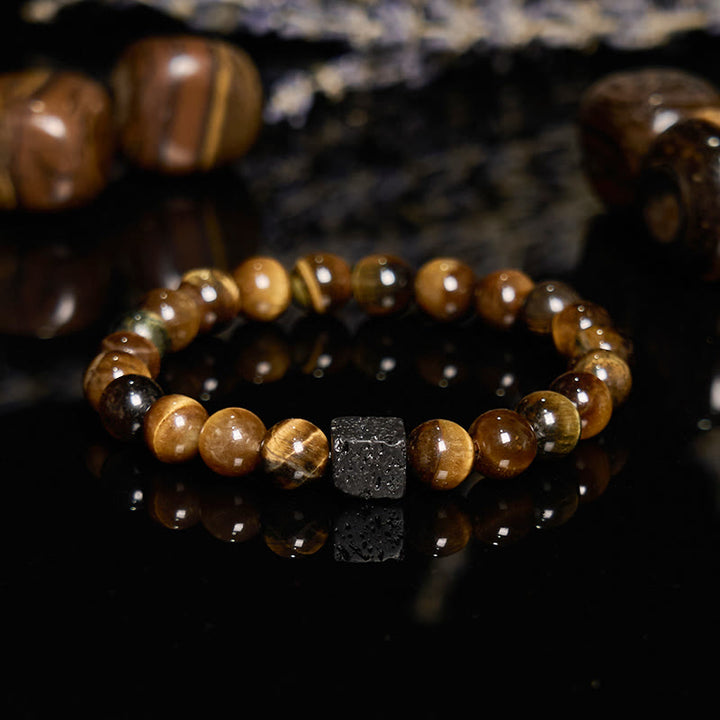 Olivenorma Cube Cut Lava Stone Tiger Eye Beaded Bracelet