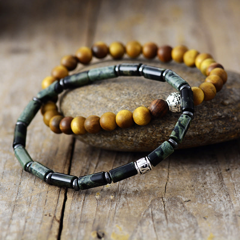 Olivenorma 2Pcs Natural Malachite Wood Stacked Beaded bracelet