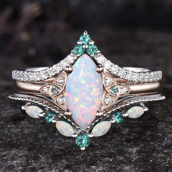 FREE Today: Vintage Milgrain Marquise Opal and Emerald Three-Piece Ring Set  - Opal & Emerald - US 10 - image 0