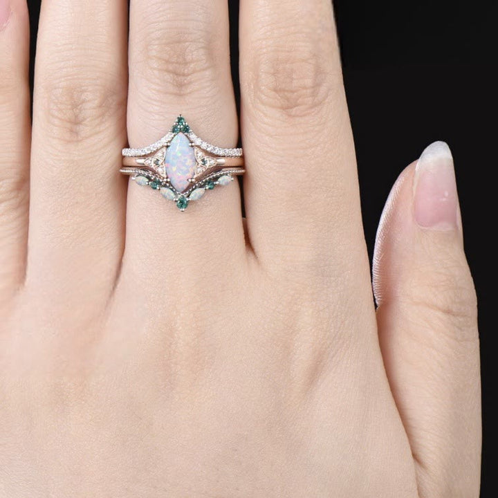 FREE Today: Vintage Milgrain Marquise Opal and Emerald Three-Piece Ring Set  - image 1