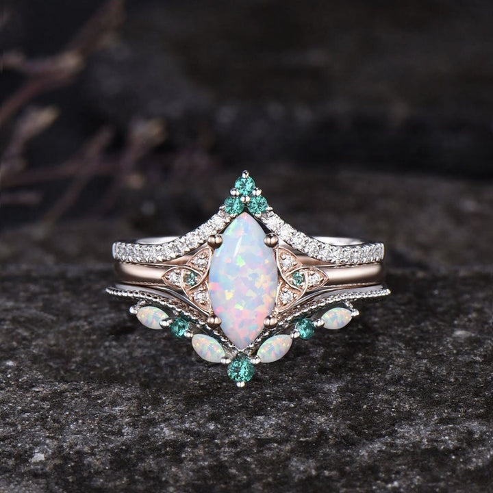 FREE Today: Vintage Milgrain Marquise Opal and Emerald Three-Piece Ring Set  - image 4