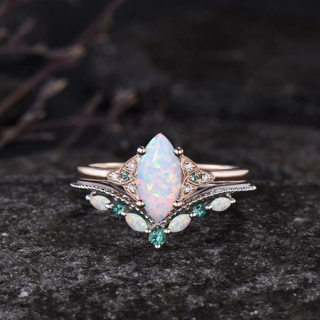 FREE Today: Vintage Milgrain Marquise Opal and Emerald Three-Piece Ring Set  - image 5