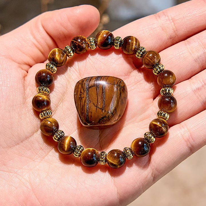 Olivenorma Natural Tiger Eye Gold Metal Beaded Bracelet