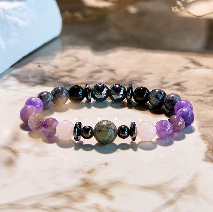 Olivenorma Natural Charoite Hematite Obsidian Beaded Bracelet