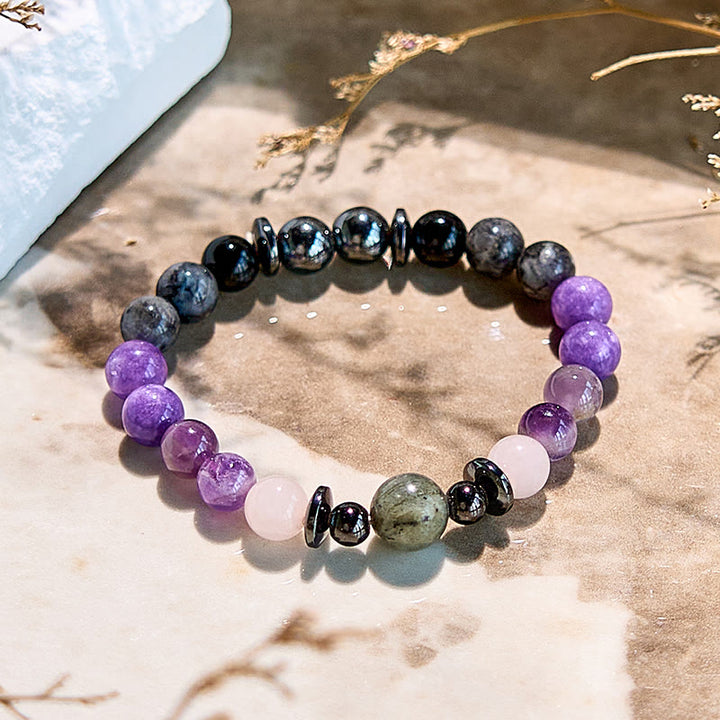 Olivenorma Natural Charoite Hematite Obsidian Beaded Bracelet