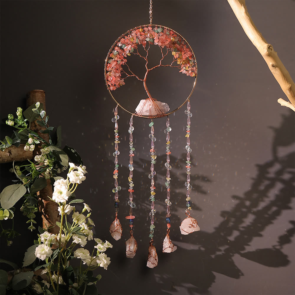 Olivenorma Strawberry Quartz Tree Of Life Wind Chime