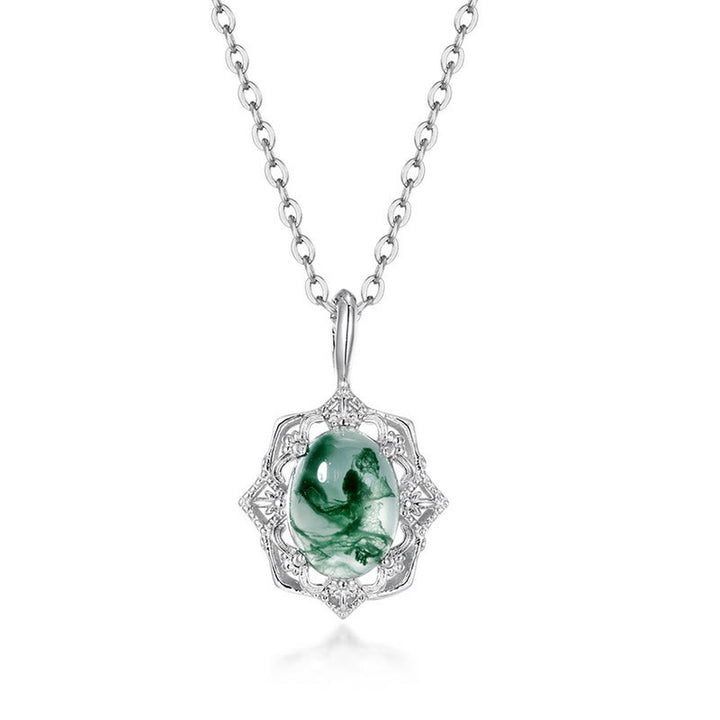 Olivenorma Natural Moss Agate Vintage Carved Pendant Necklace