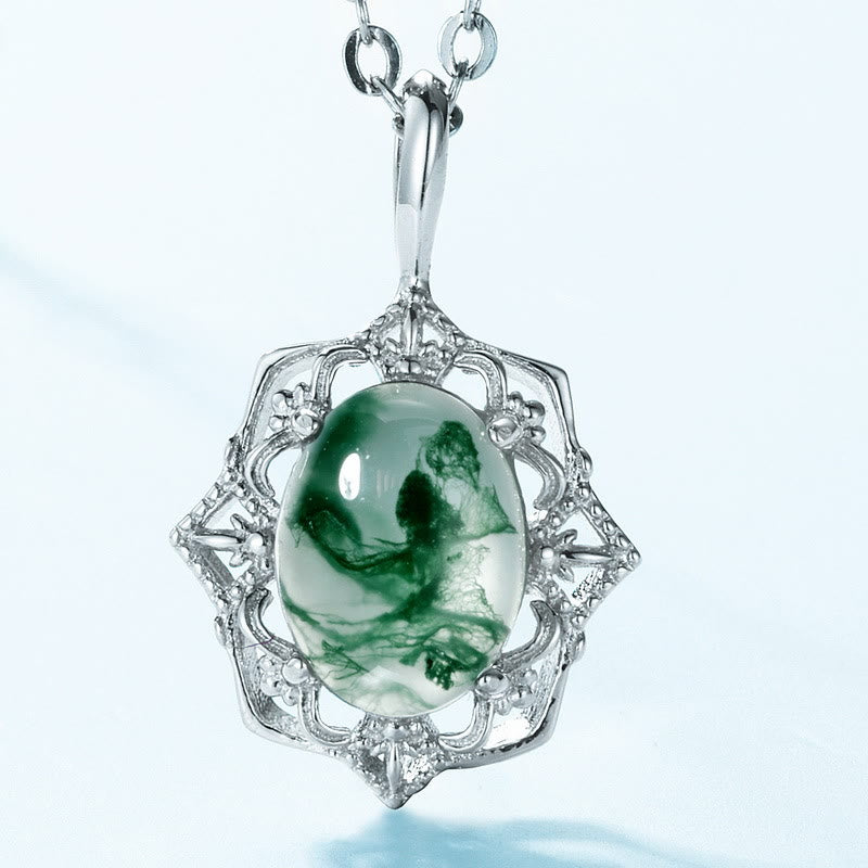 Olivenorma Natural Moss Agate Vintage Carved Pendant Necklace