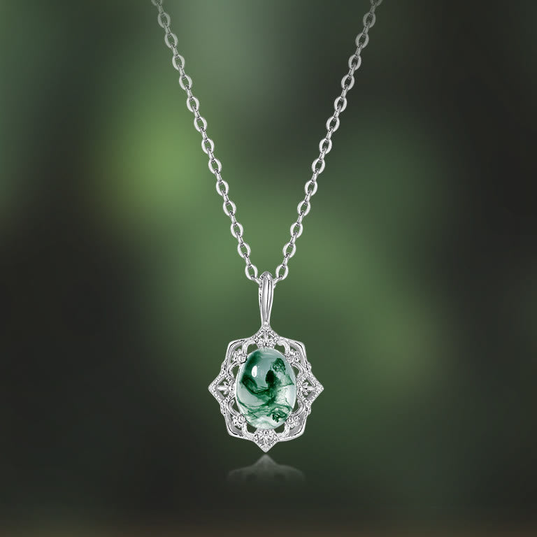 Olivenorma Natural Moss Agate Vintage Carved Pendant Necklace