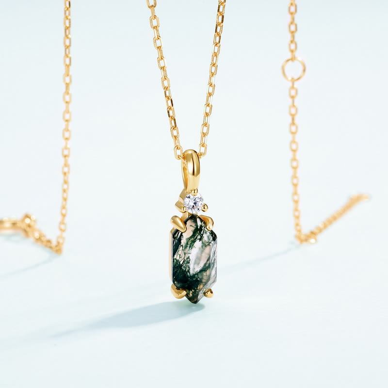 Olivenorma Moss Agate White Zircon Hexagon Pendant Necklace