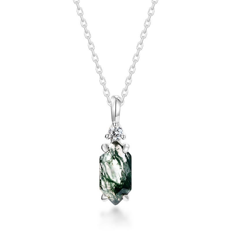 Olivenorma Moss Agate White Zircon Hexagon Pendant Necklace - Silver - image 0