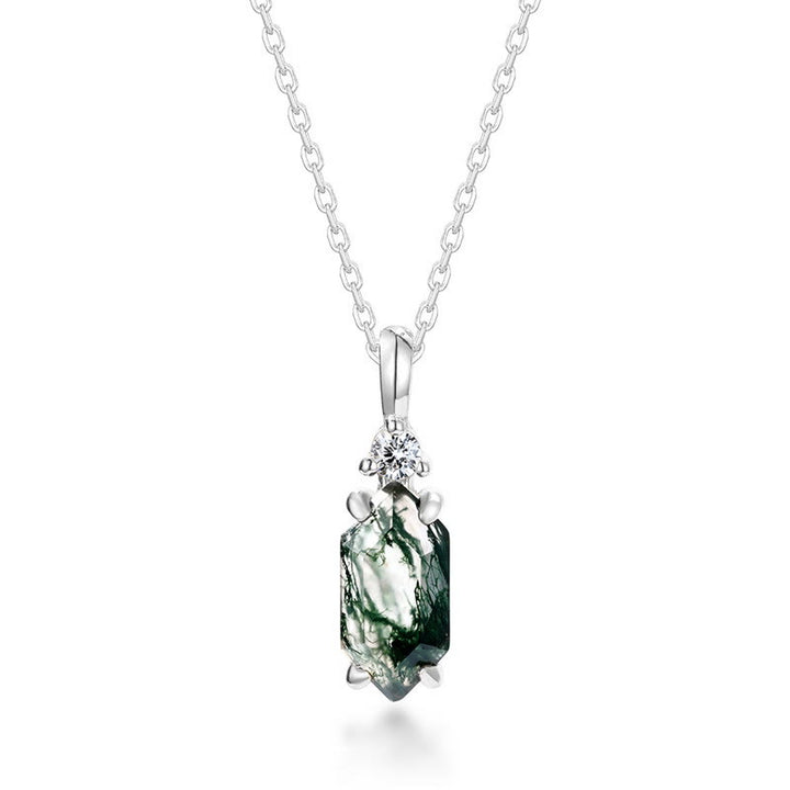 Olivenorma Moss Agate White Zircon Hexagon Pendant Necklace - Silver - image 0