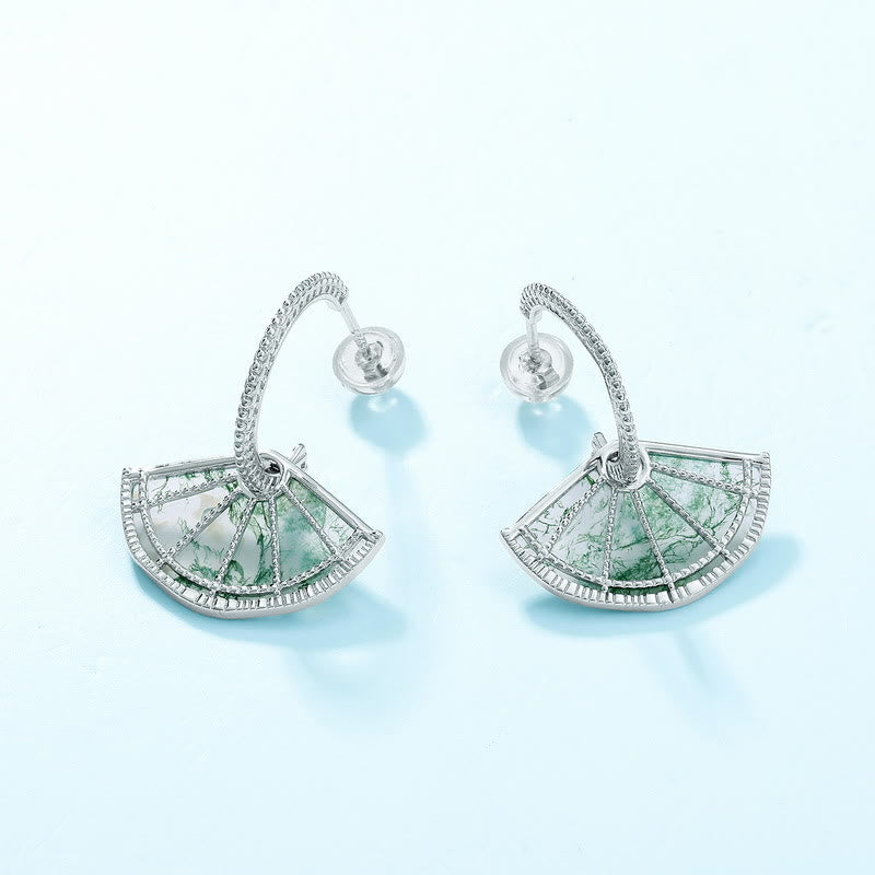 Olivenorma Natural Moss Agate Vintage Fan Shape Earrings