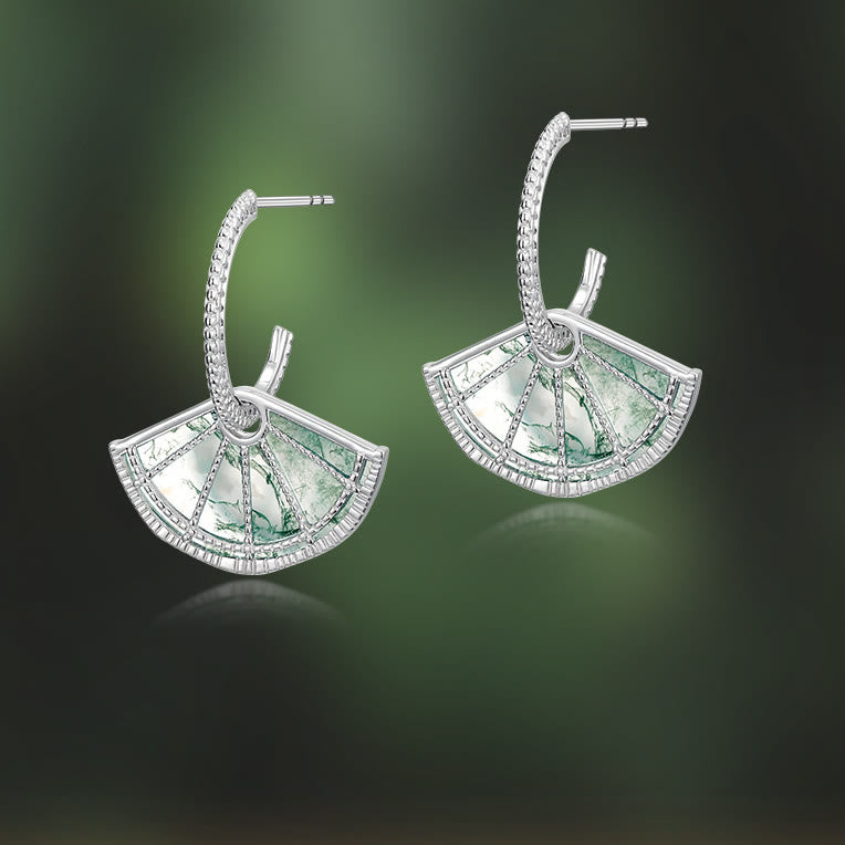 Olivenorma Natural Moss Agate Vintage Fan Shape Earrings