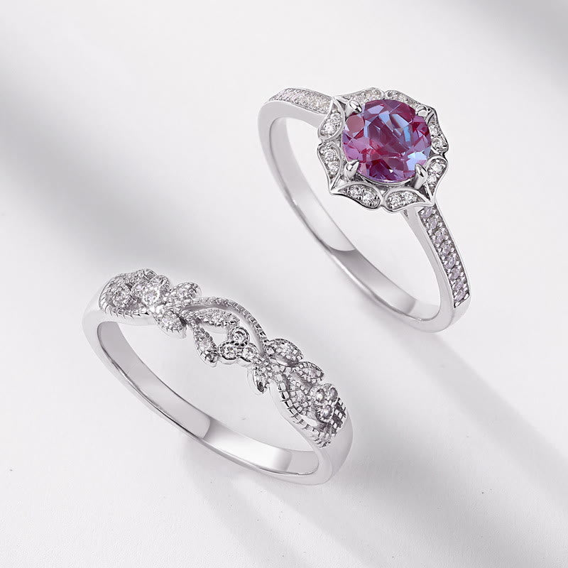Olivenorma 2Pcs Natural Alexandrite Vintage Carved Ring Set