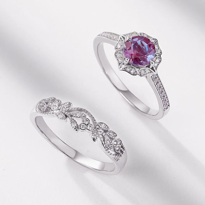Olivenorma 2Pcs Natural Alexandrite Vintage Carved Ring Set